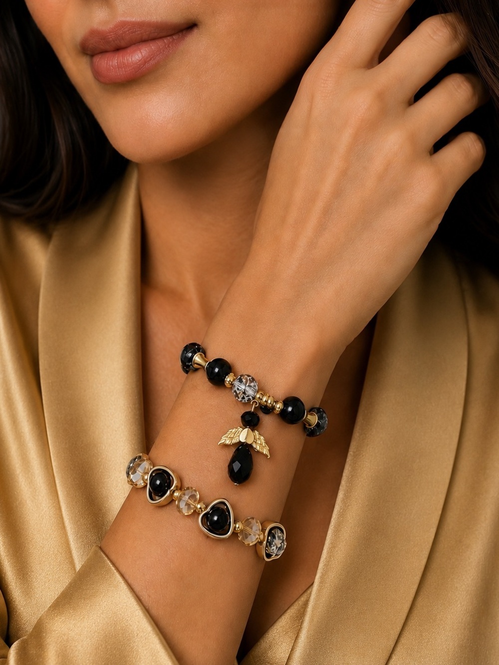 Set of 2 Gold and Black Beaded Angel Charm and Heart Shaped Bracelets
